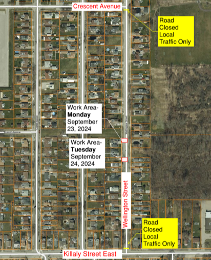 Road closure boundaries for Wellington Street between Crescent Avenue and Killaly Street East